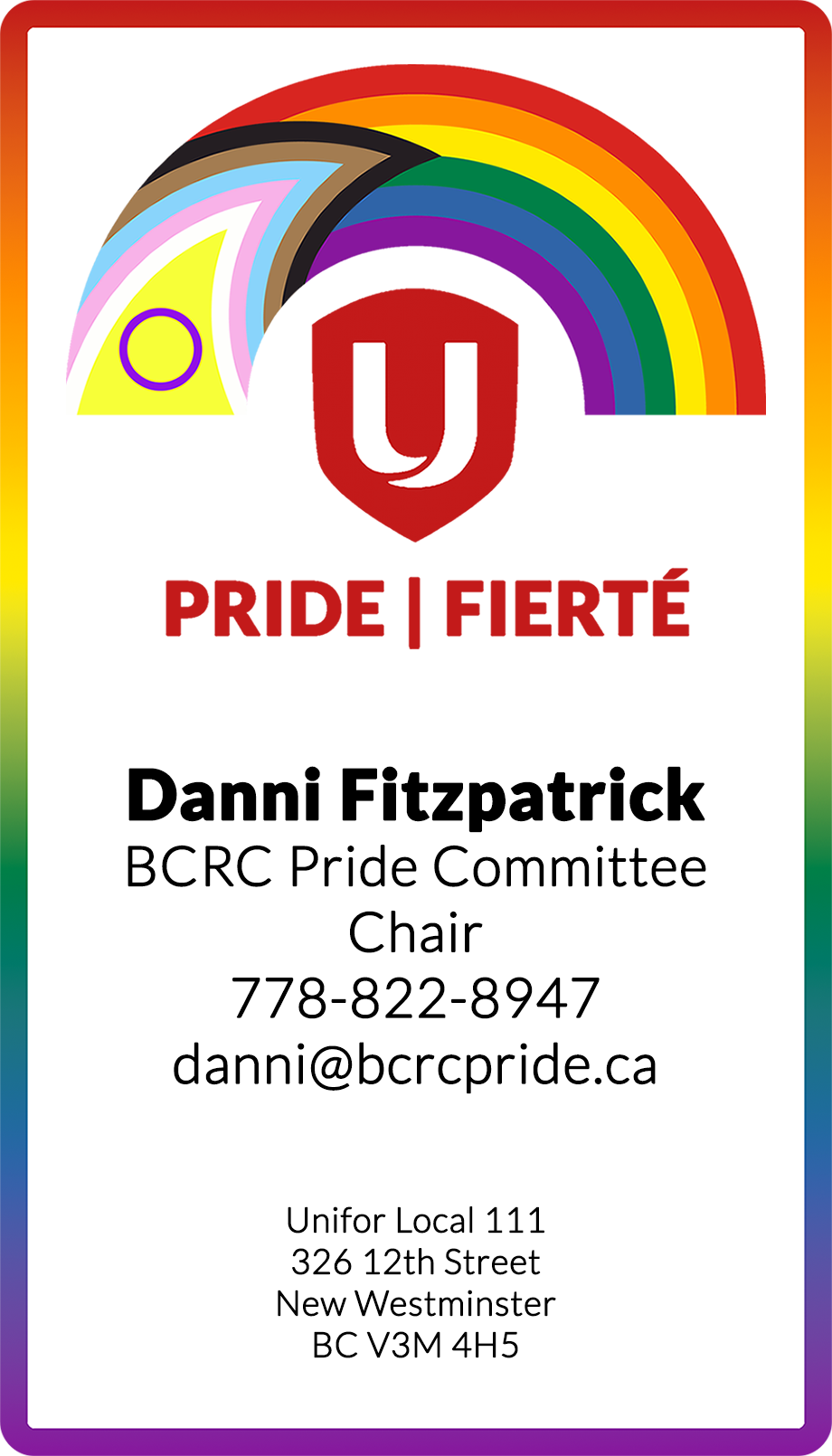 Digital Business Card - Danni Fitzpatrick, BCRC Pride Committee Chair - 778-822-8947
